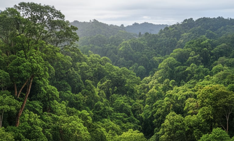 Wide aerial shot of a dense, lush green tropical forest canopy covering rolling hills.