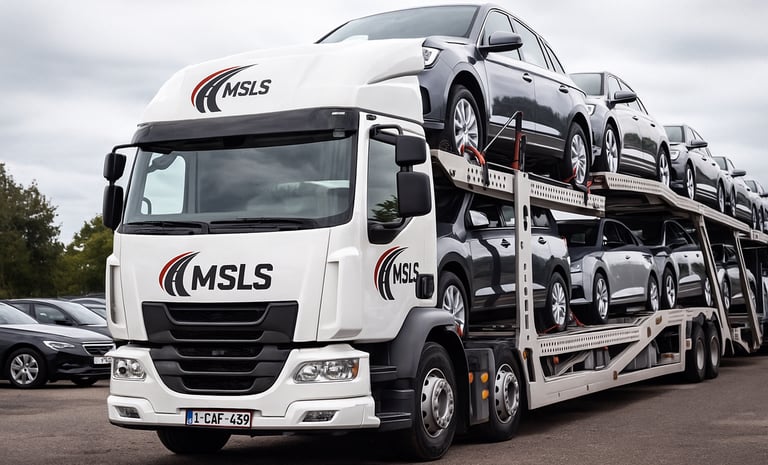 MSLS multi-car transporter hauling a full load of new vehicles.