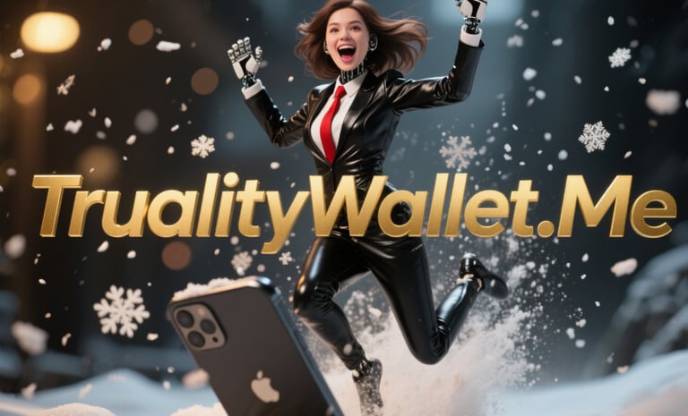 Ella jumping through the snow with the apps name trualitywallet.me 