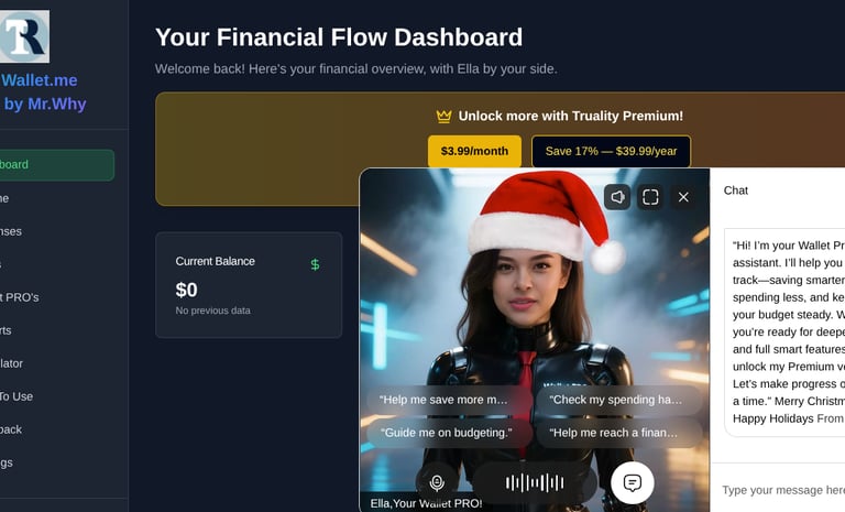 the Trualitywallet.me finance app's dashboard with Ella and chat session opened 