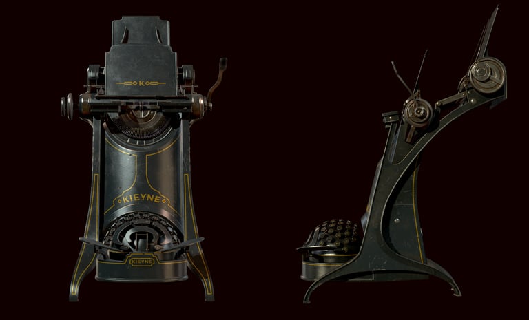 3D rendering of a typewriter recreation from Dishonored 2, featuring a dark design with gold accents