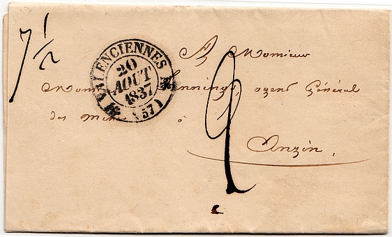 1837: Lettre en port dû de VALENCIENNES pour ANZIN pesant 7,5g, et taxée à 2 décimes