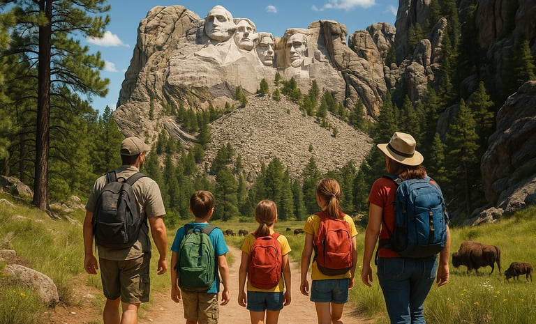 Family hiking in the Black Hills of South Dakota with Mount Rushmore in the background and bison grazing in a distant meadow 