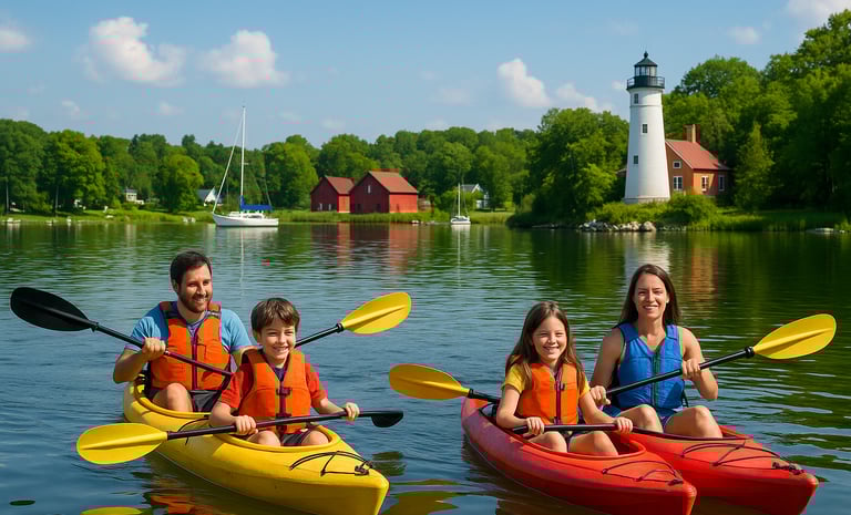 Family kayaking on a calm lake in Door County, Wisconsin, with a lighthouse and sailboats in the background on a sunny summer