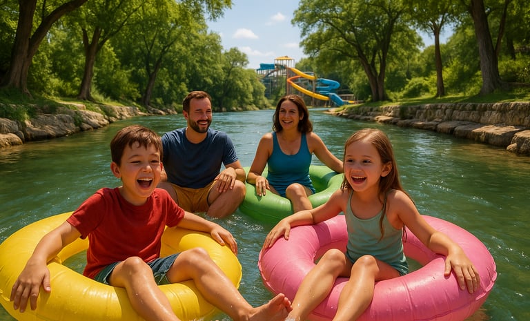 Family tubing down a lazy river in New Braunfels, Texas, with kids laughing and water park slides in the background on a sunn