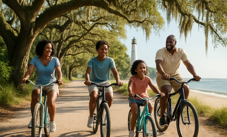 African American family biking along a tree-lined coastal path on St. Simons Island, Georgia, with mossy oaks and a lighthous