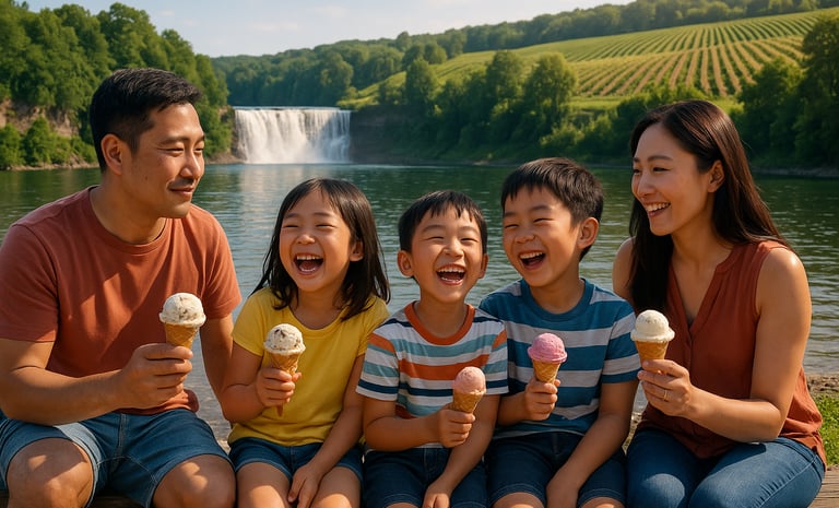 Family enjoying ice cream by a lake in the Finger Lakes, New York, with a nearby waterfall and vineyards in the background on