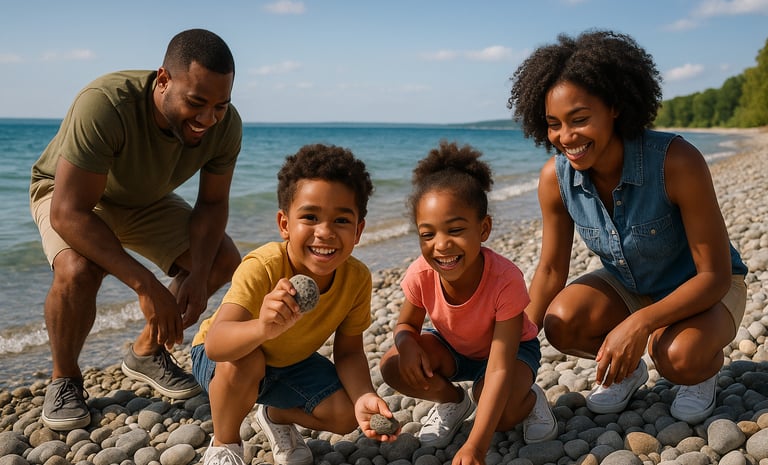 African American family searching for Petoskey stones on a rocky beach in Petoskey, Michigan, with clear lake water and a sun