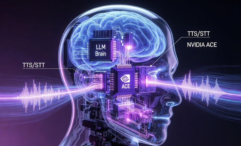 Schéma technique de l'architecture d'une Mascotte IA : Intégration des technologies NVIDIA ACE, LLM 