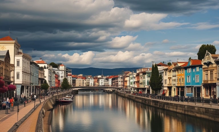 A historic red brick building with intricate architectural details, including pointed spires and arched windows. A 'For Lease' sign is prominently displayed on the building's facade. The sky is a bright blue with scattered clouds, providing a vivid background.