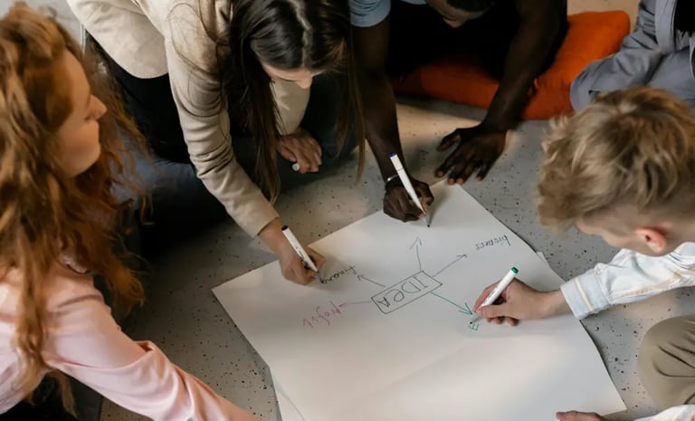 un group de personne écrivant sur une feuille pour trouver des idées