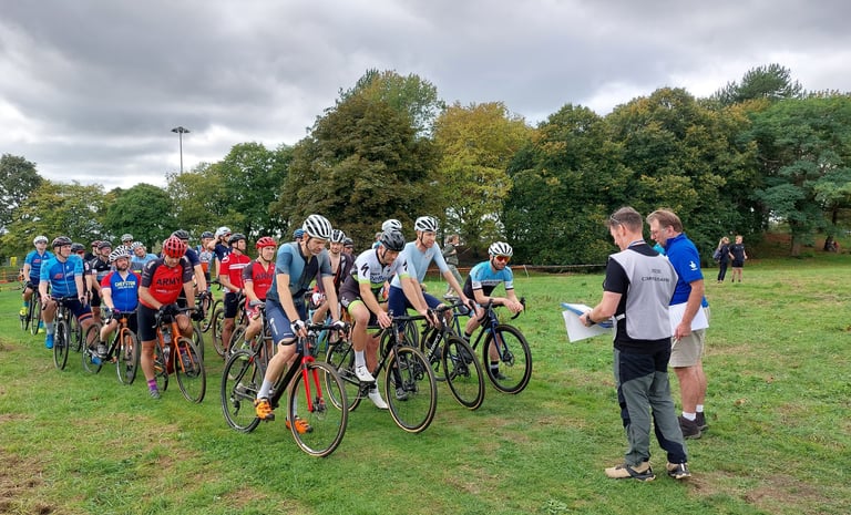 cyclists lined up at the start of a cyclocross race
