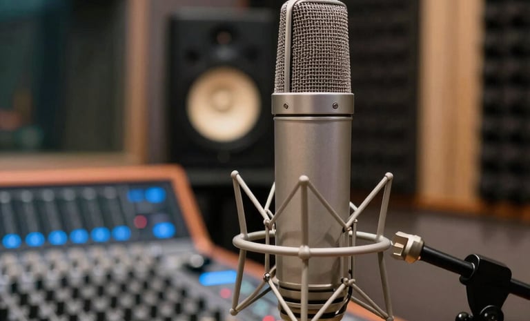A close-up shot of a high-end music recording studio. A sleek microphone stands in front of sound-absorbing foam, with soft steel blue and orange ambient lighting illuminating a professional mixing console in the background. African / Pan-African context.