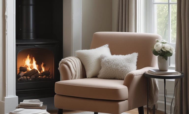 Cozy farmhouse living room seating with neutral chair, soft throw blanket, and warm fireplace lights