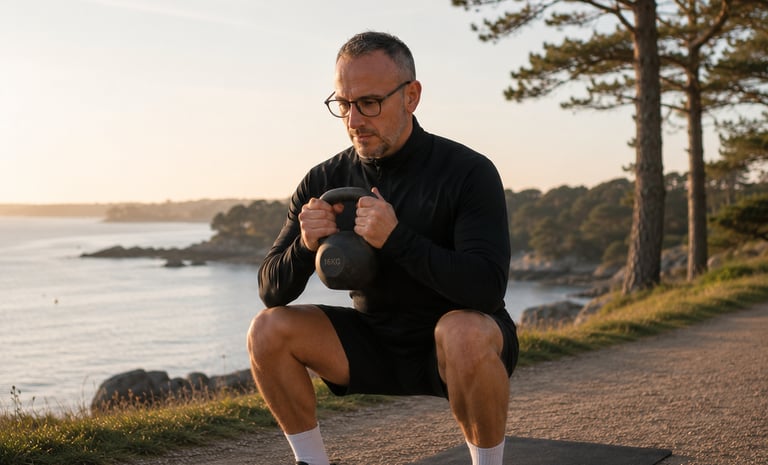 Entrainement fonctionnel d'un exercice de squat avec une kettlebell au bord du Golfe à Sarzeau
