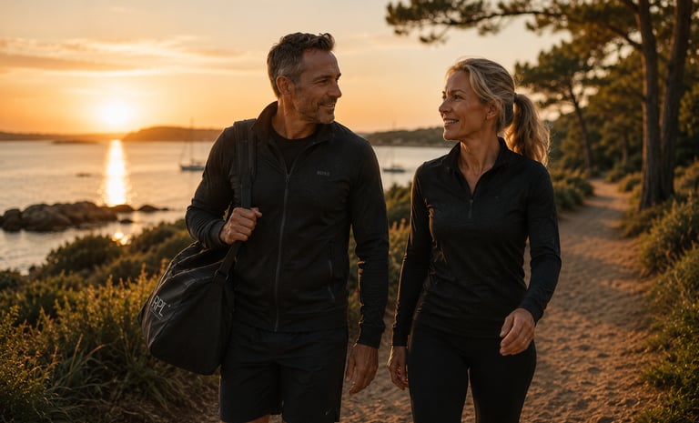 Couple 45/55 en séance de marche au bord du Golfe