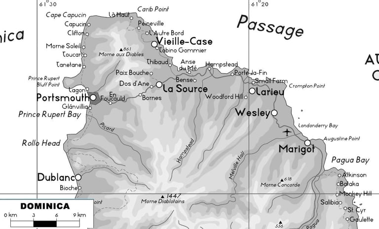 The formidable north shore of Dominica showing the Cabrits above Portsmouth and Anse de Me