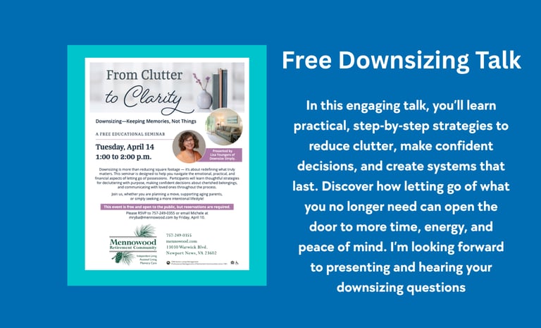 Flyer for “From Clutter to Clarity,” a free downsizing seminar on Tuesday, April 14, 1:00–2:00 p.m.,