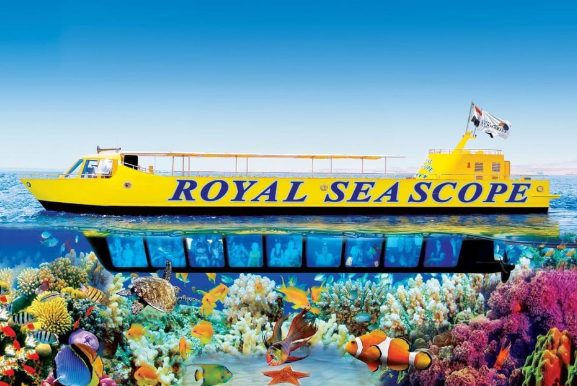 Underwater observation deck viewing Red Sea coral reefs in Hurghada.