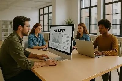 Dos chicos y dos chicas creando un proyecto web en la oficina, sentados en una mesa grande
