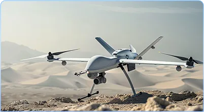 a large military drone flying over a desert
