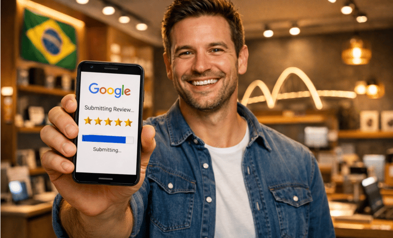 Cliente satisfeito enviando avaliação 5 estrelas no Google Meu Negócio em Brasília.