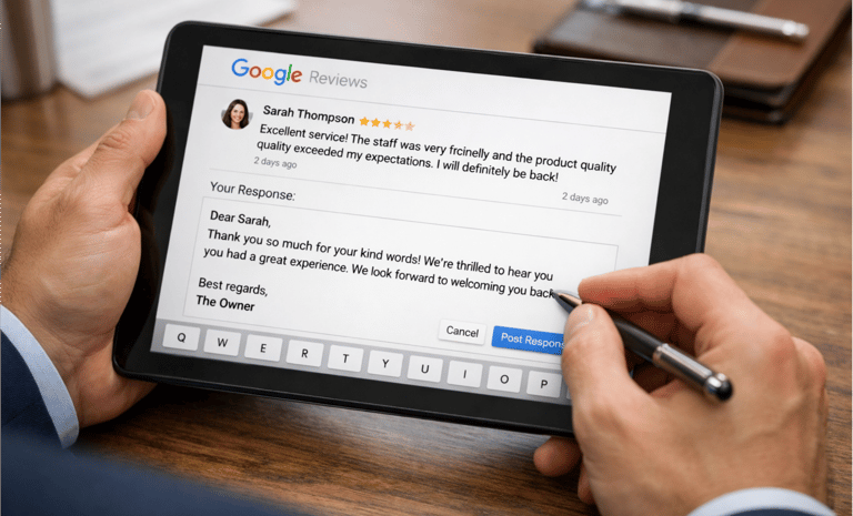 Especialista da GMN realizando a gestão de avaliações no Google Meu Negócio.