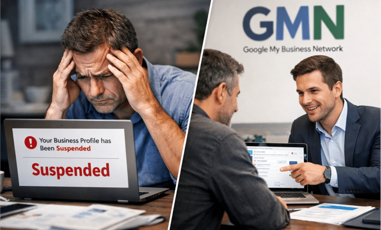 Empresário preocupado com suspensão de perfil no Google e consultor da GMN auxiliando na solução.