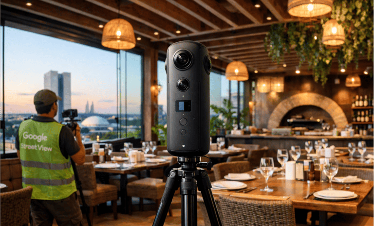 Equipamento profissional capturando tour virtual 360 em um estabelecimento em Brasília.