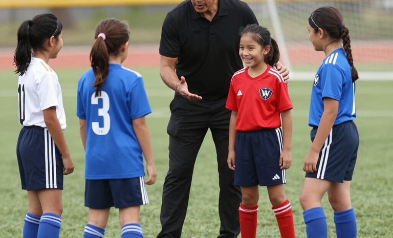 Smiling children playing soccer together on a sunny field.