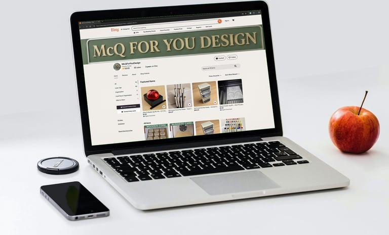 A silver laptop displaying the MCQ For You Design Etsy shop page next to a red apple and smartphone.