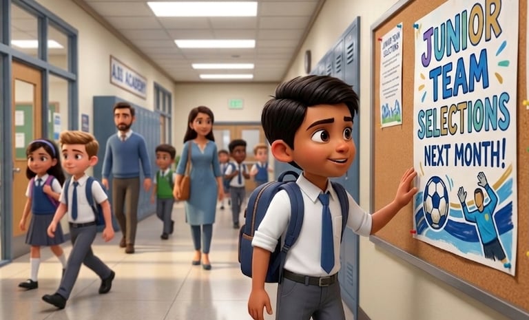 A student looking at a junior soccer team selection poster in a bright school hallway.