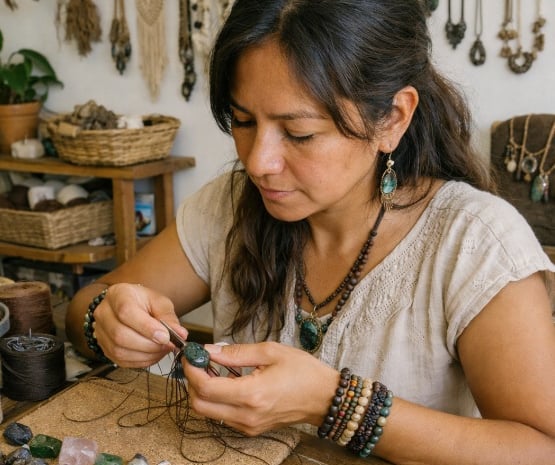 artesana de raíz nativa elaborando piezas artesanales