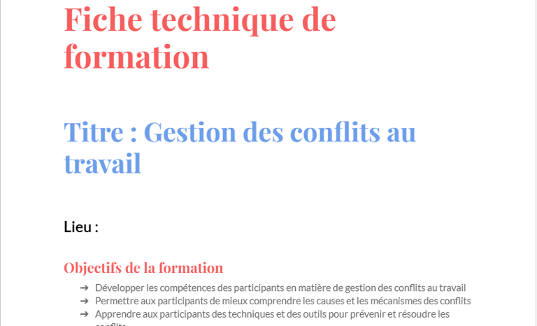 modèle de fiche technique de formation word
