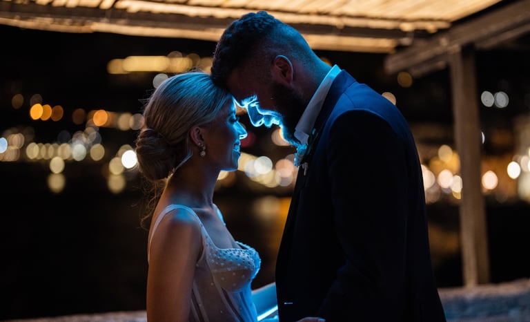 a bride and groom standing in heads together at the reception of their wedding