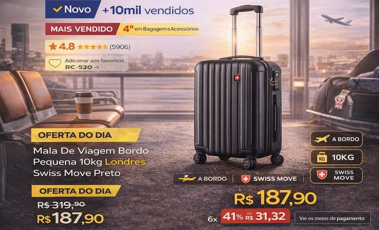 Mala de viagem de bordo Swiss Move preta 10kg modelo Londres em oferta promocional no aeroporto.