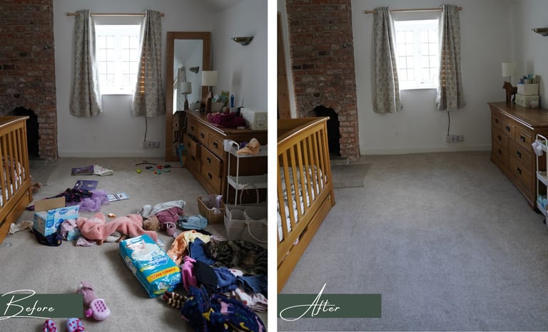 Before & after transformation picture of a children's bedroom after being decluttered & organised