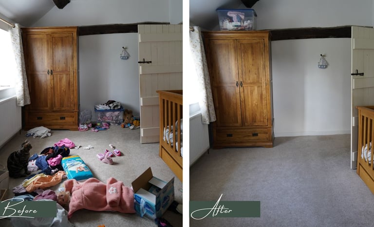 Before & after transformation picture of a children's bedroom after being decluttered & organised