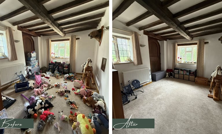 Before & after transformation picture of a children's playroom after being decluttered & organised