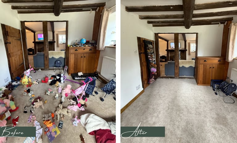 Before & after transformation picture of a children's playroom after being decluttered & organised