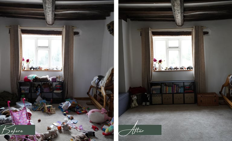 Before & after transformation picture of a children's playroom after being decluttered & organised