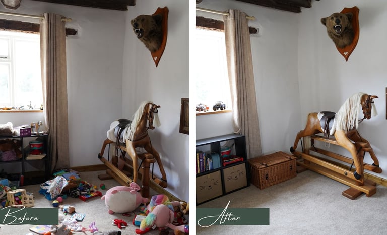 Before & after transformation picture of a children's playroom after being decluttered & organised