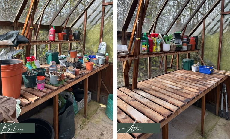 Before & after transformation picture of a greenhouse after being decluttered & organised