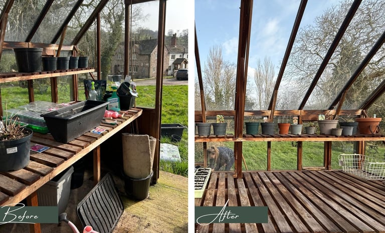 Before & after transformation picture of a greenhouse after being decluttered & organised