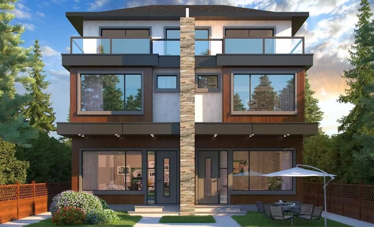 Duplex framing with fire-rated party wall assemblies.