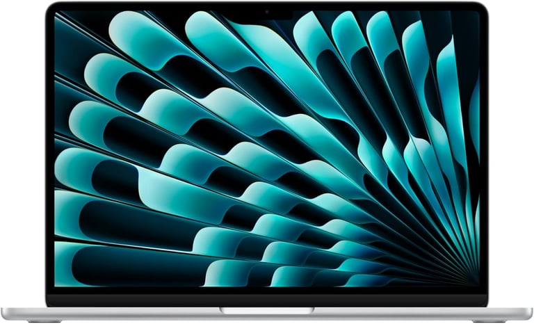 Front view of a silver Apple MacBook Air laptop with a vibrant teal abstract wallpaper display.