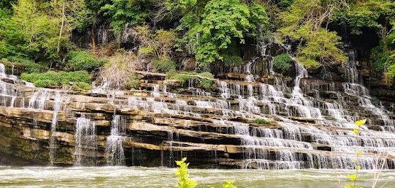 Rock Island Park, TN - Twin Falls right side, water cascades down rock ledges like a staircase