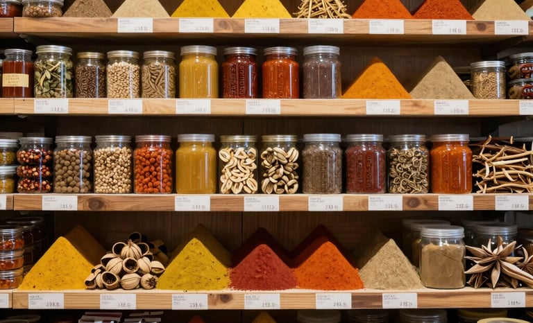 Stacks of packaged spices ready to be shipped overseas.