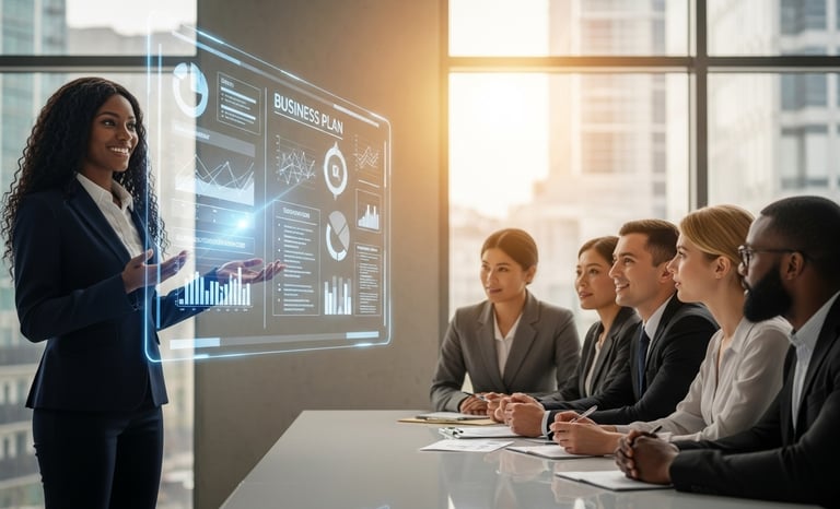 Consultant presenting strategy for AI and automation integration to business owners.