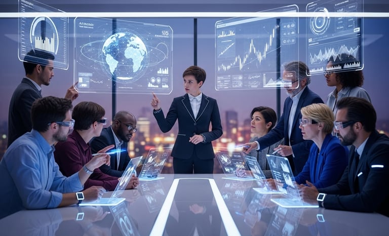 DNY Enterprises leading a futuristic business strategy session for growth and innovation.